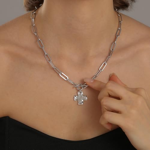 Bheop Chunky Cross Necklace for Women Trendy 14K Gold Silver Layered Statement Cross Pendant Charm Necklace Waterproof Paperclip Herringbone Snake Choker Chain Christian Jewelry Set Gift Non Tarnish - style: SL-Toggle Necklace(0.8 inch Pendant)
