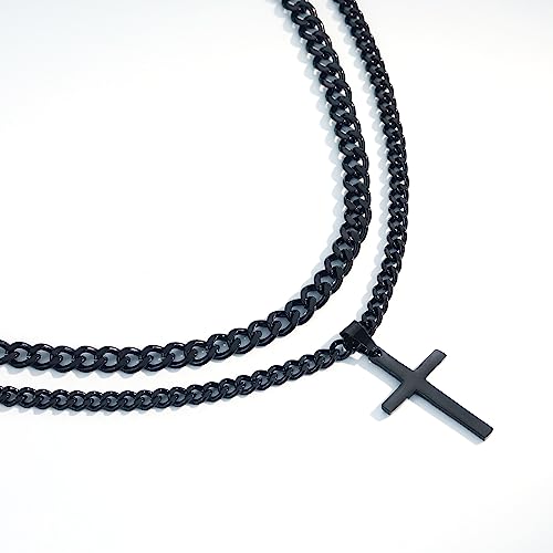 SENRAN Layered Cross Necklace for Men Boys Stainless Steel Layered Cuban Link Chain 16-24 inch Christian Cross Pendant Religious Jewelry Gifts - color: Black, style: 22inch/24inch