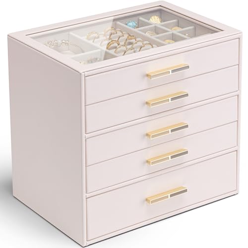 VLANDO 5 Layer Jewelry Box for Women, Glass Lid Jewelry Organizer with 5 Drawers for Necklaces Rings Earrings Bracelets - Light Pink - color: B. Pink, size: 5-Layer