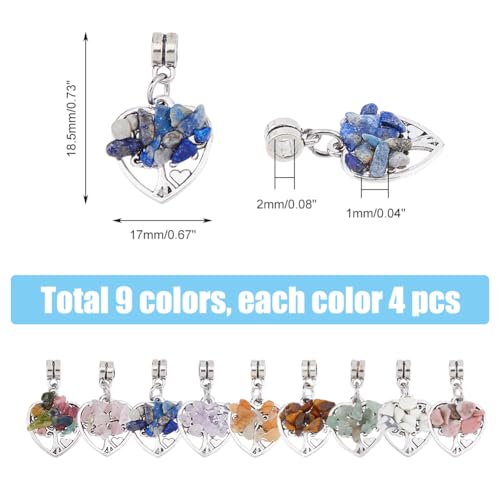 SUPERFINDINGS 36Pcs Tree of Life Charms Colorful Heart Stone Chips Charms Antique Silver Wire Wrapped Crystal Pendants for Jewelry Making Necklace Earrings Bracelet DIY, Hole: 2mm