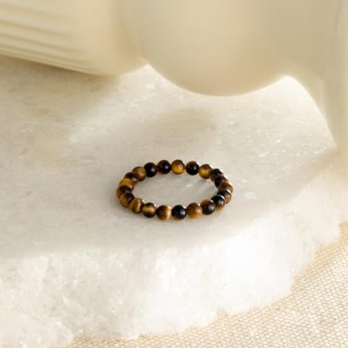 NLIEO Natural Gemstone Stretch Beaded Rings for Women Stackable Dainty Elastic Crystal Rings Jewelry - style: Tigers Eye