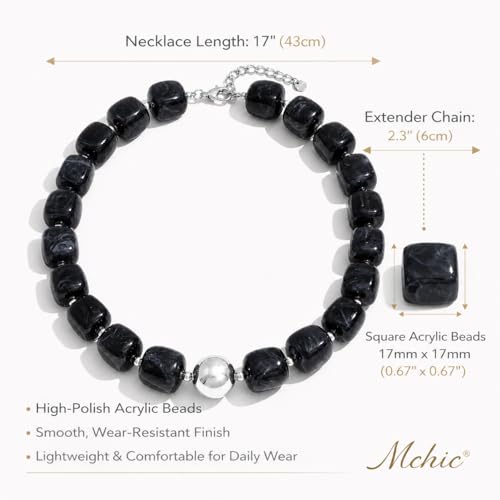 Mchic Colorful Beaded Choker Necklace for Women: Boho Large Square Acrylic Beaded Necklace Stainless Steel Adjustable Surfer Beach Strand Necklaces Summer Handmade Jewelry Gift for Women - color: Black-Silver