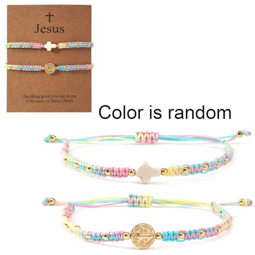 Christian Cross Jesus Pendant Charm Gold Rope String Beaded Bracelets Stack Set for Women,Handmade Bohemian Colorful Adjustable Jewelry,God Lucky Protection Friendship Gift - color: Colorful