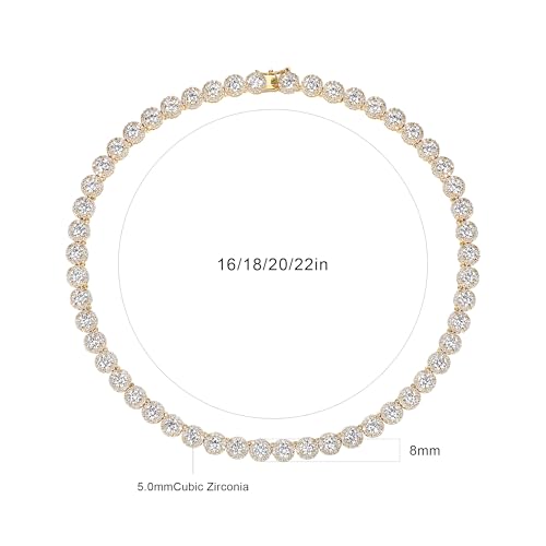 Gemsme 18K White Gold Plated Halo Necklace 5.0mm Round Cubic Zirconia Classic Tennis Necklace - color: Yellow Gold, size: 22 inch