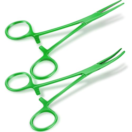 BBTO Hemostat Curved and Straight Hemostat Forceps Piercing Pliers Forceps, Stainless Steel Straight and Curved Pliers, Fishing Tweezer(Green,2 Pcs) - color: Green