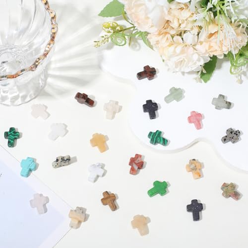 1 Box 25PCS Easter Cross Gemstone Beads with Holes Natural Mixed Color Stone Crystal Energy Spacer Loose Charms Bead Bulk for Jewelry Making Necklaces Party Holiday Adult Diy Craft Supplies