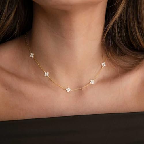 Mothers Day Gifts - Dainty Silver Gold Necklaces for Women Cute Station Choker Simulated Diamond Necklace Simple Layering CZ Necklace Trendy Jewelry Gifts - color: Gold, style: Flower