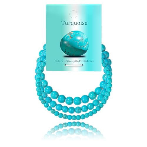 3Pcs Natural Healing Crystal Bracelets for Women Men, 4mm 6mm 8mm Beaded Stretch Bracelet Set, Black Tourmaline Natural Stone Gemstone Jewelry Gifts for Meditation, Reiki & Yoga - color: Turquoise