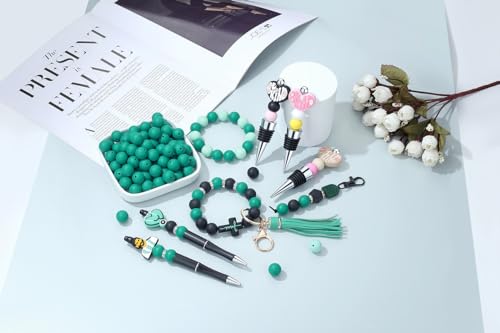 MAIBAOTA 120 Pcs Deep Green Silicone Beads - 15 mm Round Beads for Keychain, Pens, Bracelets, Necklaces - Bulk Pack with Boxed Kits - color: Deep green