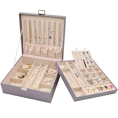 ProCase Jewelry Box for Women, 2 Layers Large Leather Jewelry Organizer Storage Case with Removable Pad for Earrings -Pearlizedsilver - color: Pearlizesilver