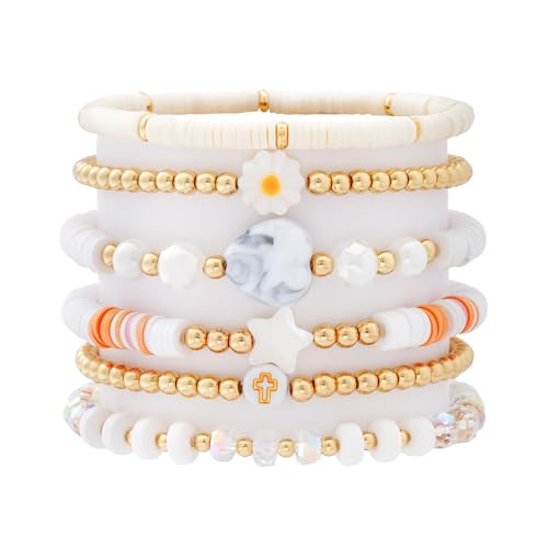 RISHEGAE Heishi Beaded Stretch Bracelets for Women Stackable Polymer Clay Beads Bracelets Friendship Boho Summer Beach Bracelet Jewelry Set - color: D-Star Cross