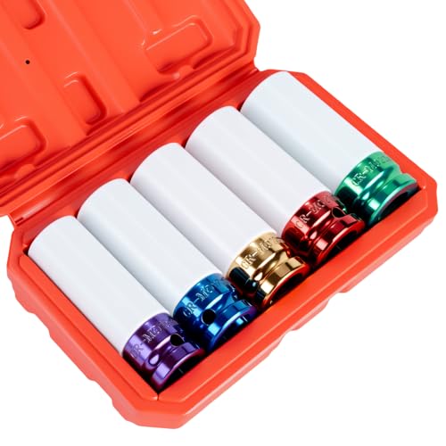1/2" Drive Wheel Protector Impact Socket, Non-Marring Lug Nut Thin Wall Deep Socket Set, CR-MO, 6 Point, Color-Coded Protective Socket | Metric 15 17 19 21 22 mm (5 PCS) - size: 1/2" Color Impact Sockets 5pcs