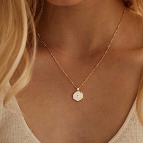Mothers Day Gifts for Mom Cross Necklace for Women Dainty 14K Gold Plated Cross Coin Necklace Simple Round Disc Pendant Minimalist Cute Charm Everyday Religious Jewelry Gifts - style: cable chain