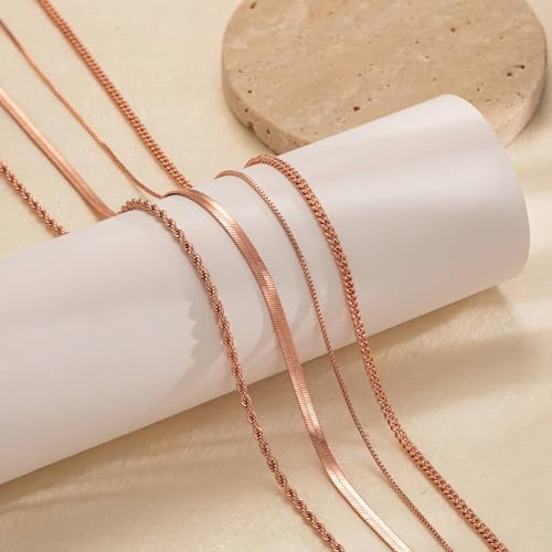 Tewiky Layered Necklaces for Women Non Tarnish- Chunky 14k Gold Plated Herringbone/Snake/Rope/Box/Cuban Link Chain for Women Waterproof Layering Stack Choker Necklace Trendy Dainty Tarnish Free Jewelry Set - color: 4 layered necklace-Rose Gold
