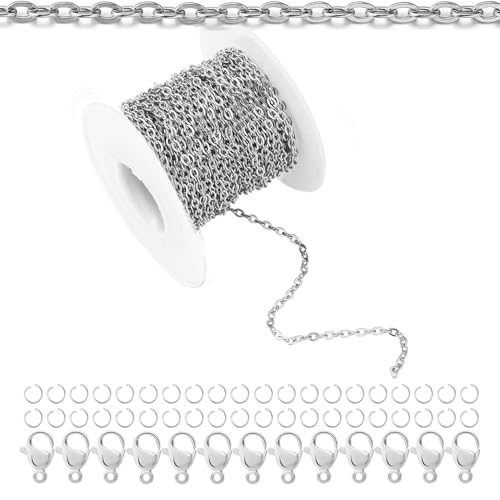 66Feet Stainless Steel Necklace Chains Cable Link Chains for Jewelry Making DIY Craft Kit with Lobster Clasps Jump Rings - color: 66Feet-Stainless Steel, size: 2.0mm