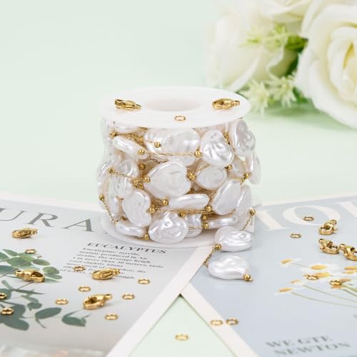 KYUNHOO 9.8FT/3M Gold Chains for Jewelry Making Stainless Steel Heart Chain Imitation Pearl Jewelry Link on Bulk for Women DIY Handcrafts - color: Heart Gold