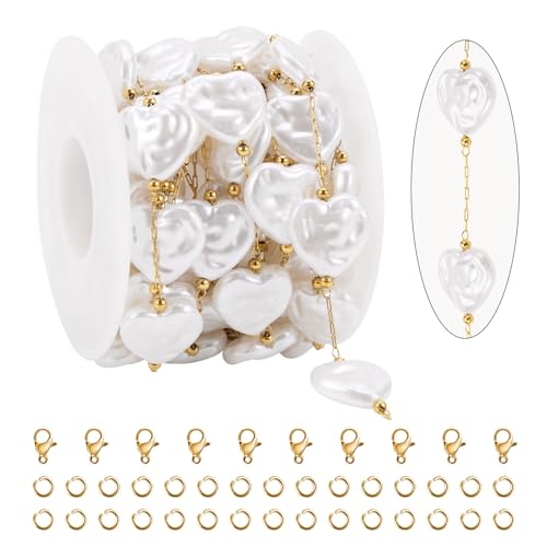 KYUNHOO 9.8FT/3M Gold Chains for Jewelry Making Stainless Steel Heart Chain Imitation Pearl Jewelry Link on Bulk for Women DIY Handcrafts - color: Heart Gold