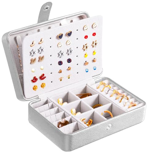 QBestry All-in-One Travel Jewelry Organizer for Women Silver | Small Jewelry Box with 68 Earring Holes | Compact Portable Jewelry Case for Earrings, Rings, Necklaces | Perfect Gifts for Mom Wife Girls - color: Silver