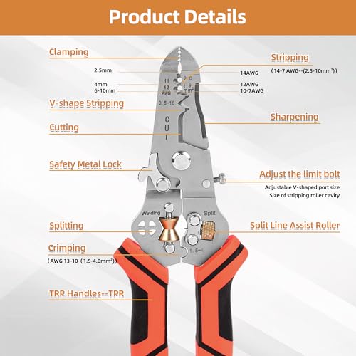 Wire Stripper Cutter Crimping Tool - 9 in 1 Wire Stripper Tool with Cutter Crimper Function AWG 22-10 Wire Cutters Pliers for Wire Splitting,Stripping,Cutting,Crimping, Clamping,Winding,Sharpening