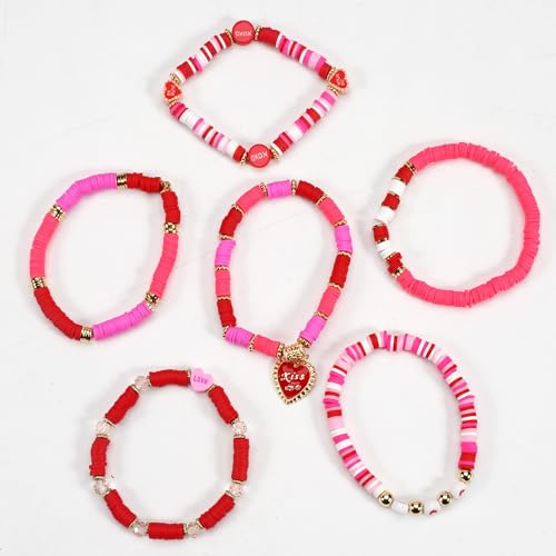 6PCS Valentine’s Day Clay Heishi Bracelet Set for Women- Red Pink Heart Love KISS XOXO Beaded Stretch Bracelets - Handmade Polymer Clay Crystal Glass Stackable Jewelry Gift for Galentine's Anniversary - color: LOVE-04