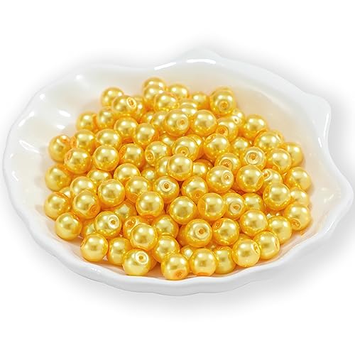 200Pcs Glass Pearl Beads Faux Pearls Round Czech Tiny Satin Luster Spacer Loose Beads Bulk with Holes Handcrafted for DIY Bracelets Jewelry Making Crafts Supplies (4MM, Yellow) - color: Yellow, size: 4MM