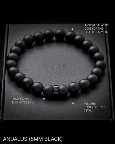 Forge & Foundry Men’s Matte Black Solid Onyx Beaded Bracelet | 10mm, 8mm, 6mm Bead Size Options | Signature Stainless Steel Engraved Bead | Andalus - color: 8mm Black, size: Medium