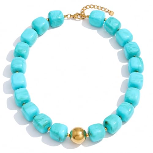Mchic Colorful Beaded Choker Necklace for Women: Boho Large Square Acrylic Beaded Necklace Stainless Steel Adjustable Surfer Beach Strand Necklaces Summer Handmade Jewelry Gift for Women - color: Teal1
