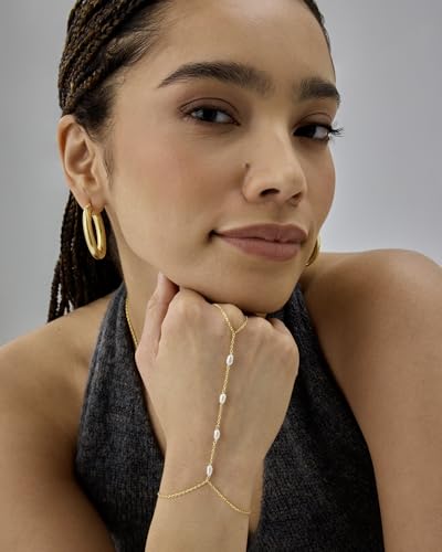 PAVOI 14K Gold Plated Hand Chains for Women - Adjustable Hand Chain Bracelet and Ring - Trendy Gold Handchain Bracelet Stack Summer Jewelry - Beads, Pearl, and Cubic Zirconia Body Jewelry - style: Pearl