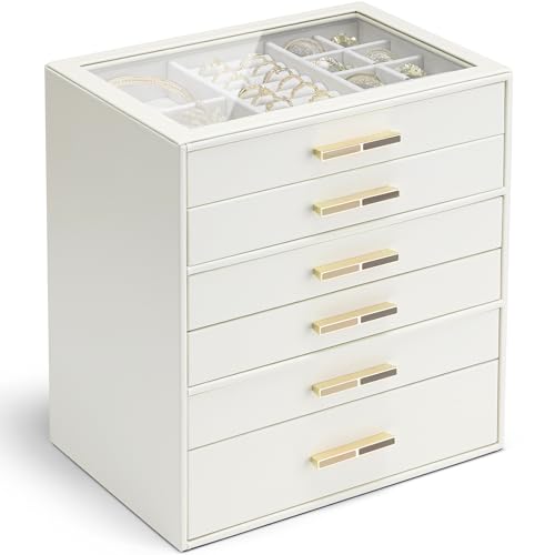 VLANDO 6 Layer Jewelry Box for Women, Glass Lid Jewelry Organizer with 6 Drawers for Necklaces Rings Earrings Bracelets - Cloud White - color: A. Cloud White, size: 6-Layer