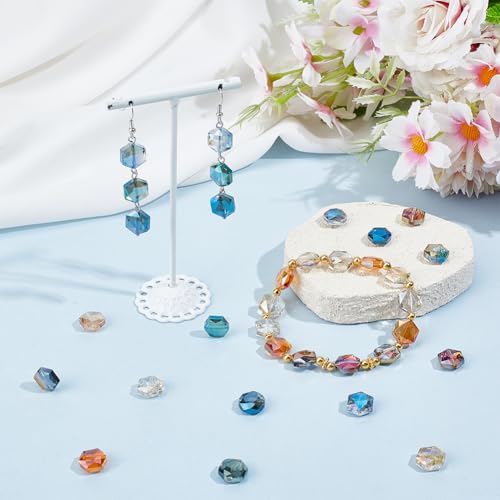 PH PandaHall 70pcs 7 Colors Faceted Beads, 12mm Flat Hexagon Crystal Beads Electroplate Glass Bead AB Color Craft Spacer Loose Bead for DIY Jewelry Bracelet Necklace Earring Crafting