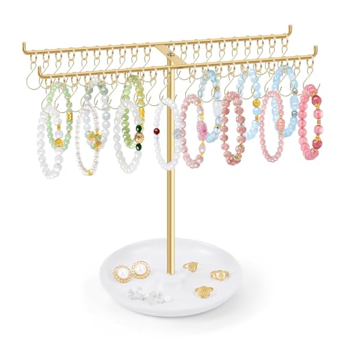OAOLEER Bracelet Holder Organizer,2 Tier Jewelry Stands and Displays with 40 Movable Hooks Gold Bracelet Stand Jewelry Rack for Necklaces Bangles - size: Two Tier-Gold