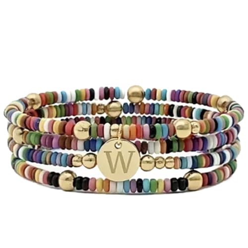 Set of 4 Colorful Bead Initial Bracelets, Personalized Stackable Jewelry, Adjustable Stretchy Charm Bracelets for Women, Beaded Bracelet Set, Trendy Custom Jewelry Gift - style: Colorful Bead - W