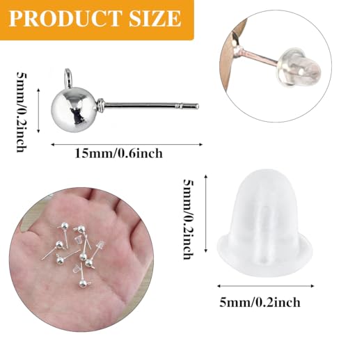 340PCS Ball Earring Studs and Backs for Jewelry Making, 140PCS Round Balls Post Earring Studs with Loop and and 200PCS Clear Backs for DIY Jewelry Making(White K) - color: silver