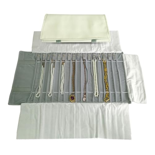 Portable Jewelry Roll Untangled Secure Necklace Travel Storage Bag Displays Holder 16 Chain (Gray PU and Gray Velvet) - color: Gray PU and Gray Velvet