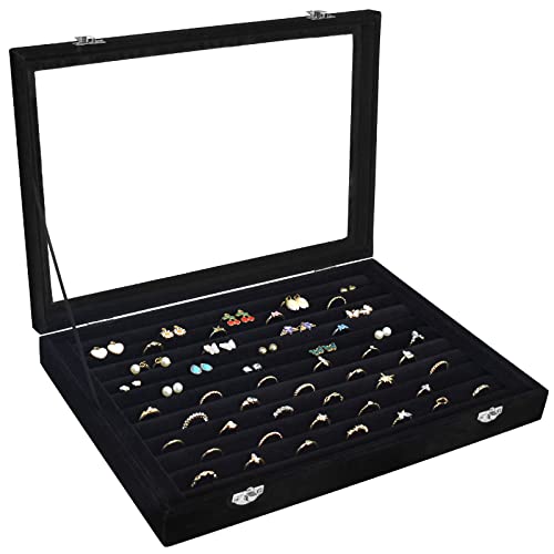 Siveit Rings Organizer Tray 10 Slots Velvet Ring Display Tray Insert Jewelry Earring Storage Box with Transparent Glass lid Can Hold 100 Rings Earrings Suitable for Girls and Women (Black) - color: Black
