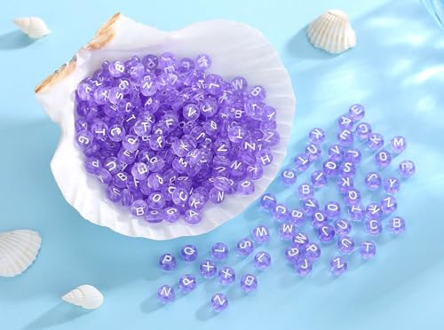 LAIDANLA 1500PCS Acrylic Letter Beads Alphabet White Letters Purple Transparent Round Bead 7×4mm for Jewelry Bracelets Necklaces Key Chains Making - color: N-White Letter Purple Transparent Beads