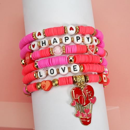 6PCS Valentine’s Day Clay Heishi Bracelet Set for Women- Red Pink Heart Love KISS XOXO Beaded Stretch Bracelets - Handmade Polymer Clay Crystal Glass Stackable Jewelry Gift for Galentine's Anniversary - color: LOVE-05