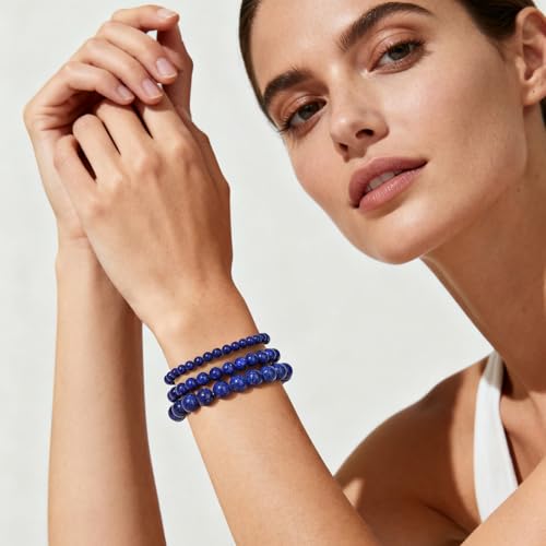 3Pcs Natural Healing Crystal Bracelets for Women Men, 4mm 6mm 8mm Beaded Stretch Bracelet Set, Black Tourmaline Natural Stone Gemstone Jewelry Gifts for Meditation, Reiki & Yoga - color: Lapis Lazuli