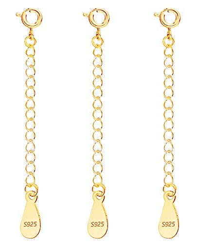 3 Pcs Necklace Extender, 925 Sterling Silver Extension for Jewelry Necklace Bracelet Anklet Extenders for Women Jewelry Making Chains 2 inch, Gold - color: 3 Golden Extension Chains