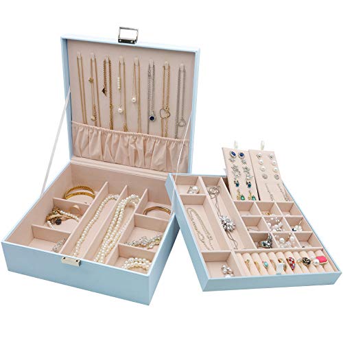 ProCase Jewelry Box for Women, 2 Layers Large Leather Jewelry Organizer Storage Case with Removable Pad for Earrings -Blue - color: Blue