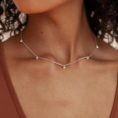Mothers Day Gifts - Dainty Silver Gold Necklaces for Women Cute Station Choker Simulated Diamond Necklace Simple Layering CZ Necklace Trendy Jewelry Gifts - color: Silver, style: 5pcs Hanging CZ-Cable Chain