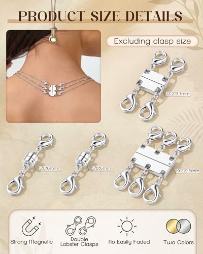 GEMQUEEN Magnetic Necklace Clasps and Closures with Double Lobster Clasp : Silver Plated Magnet Jewelry Layering Clasps for Necklaces Multi Magnets Bracelet Helper Necklace Extenders 4PCS - color: White Gold Plated - 4PCS