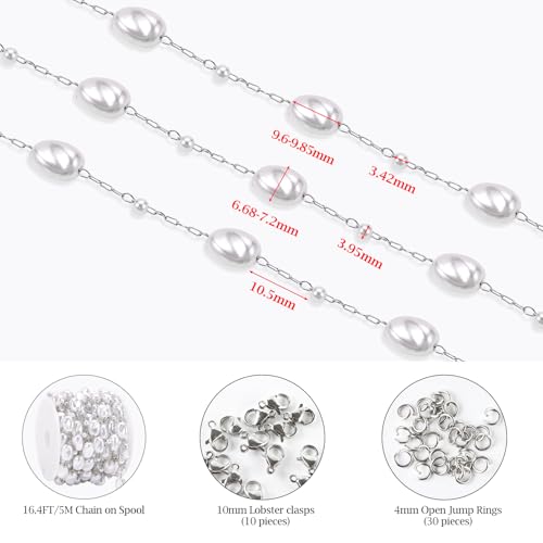 KYUNHOO 5 Meters Silver Stainless Steel Jewelry Chain Roll Faux Pearl Bead Chains with Lobster Clasps Jump Rings for Women Making Jewelry Crafts Finding Supplies - color: Irregular Bead Silver
