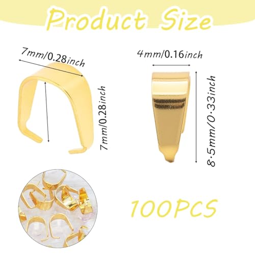 100 PCS Gold Plated Stainless Steel Snap On Bails, 8.5mm Pinch Clip Pendant Connector Charm Clasp for Jewelry Making, Necklace Earring Bracelet Choker Findings(Golden) - color: 100pcs-Golden