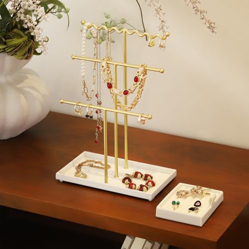 Jewelry Stand Holder Organizer, 3 Tier Bracelet Holder Display with Detachable Velvet Tray, Elegant Jewlery Tower for Display Bracelet, Necklace, Earrings, Rings (Beige) - color: Beige