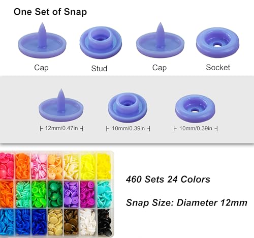 Plastic Snaps with Snap Pliers, 460 Sets 24-Colors Snap Buttons for Sewing, Snap Fasteners Kit for Sewing, Clothing, Crafting