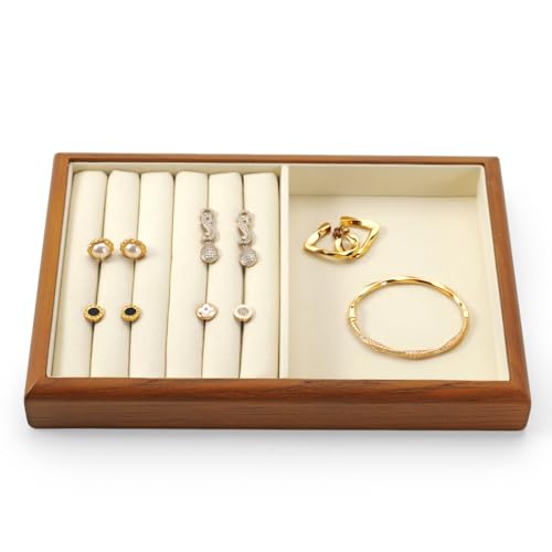 2 In 1 Solid Wood Jewelry Tray Microfiber Ring Earring Bracelet Bangle Watch Necklace Stackable Drawer Organizer for Storage Display (Cream White) - style: 2 Grid