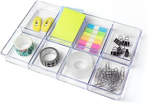 carrotez Small Stackable Jewelry Organizer Tray, 8 Grid, Clear Plastic Drawer Organizer for Makeup, Accessories, Desk, Vanity