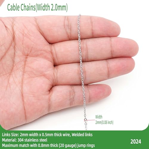THREENEST 32.8-Feet Width 2mm Stainless Steel Cable Chains, Welded Permanent Craft Chains for Necklace Bracelet Earring Jewelry Making - color: Stainless Steel, size: Cable Chains(width 2mm)