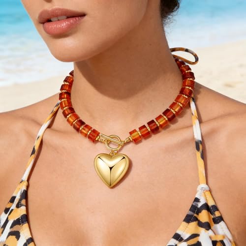 GZQ Chunky Gold Heart Necklace for Women, Resin Beaded Chain with Puff Heart Adjustable Clasp, Perfect for Daily Wear Party Date Streetwear Outfits Fashion Jewelry Gift - color: Amber